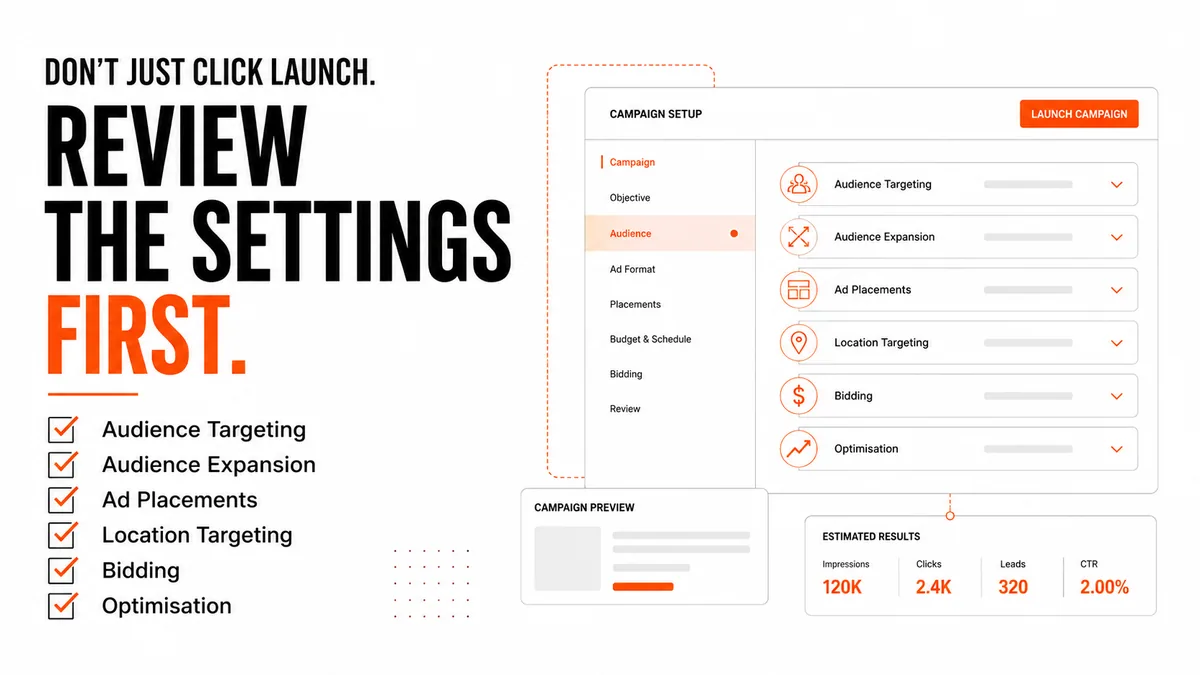 Checklist of LinkedIn campaign settings to review before launch: audience targeting, audience expansion, ad placements, location targeting, bidding and optimisation, shown beside a campaign setup interface